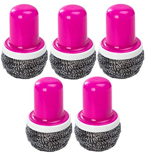 ULTECHNOVO Edelstahl Schwamm Topfreiniger Putzschwamm Drahtbürste Reinigungsbürste Reinigungswerkzeug mit Griff für Restaurant Küche Topf Pfanne Geschirr Grill Rosa 5 Stück