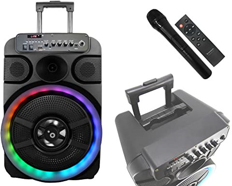Sunstech Muscle S12 - Altavoz TWS de 40W con función Karaoke, iluminación LED, Bluetooth V5.0, Radio FM, USB, Micro SD, aux-in. Mando a Distancia y micrófono incluidos. Color Negro.