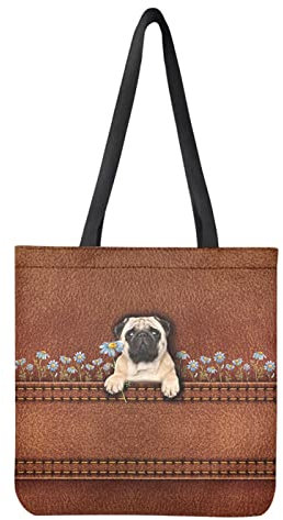Dolyues Damen-Tragetasche aus Segeltuch mit Tasche, große Kapazität, wiederverwendbare Einkaufstasche, Braunes Mops-Hundemuster, Large