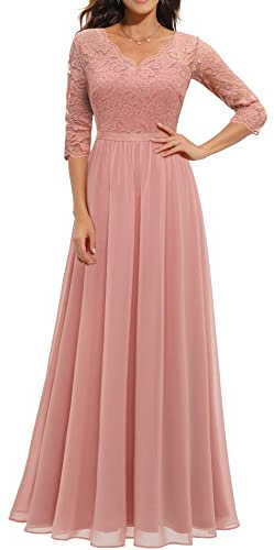 Daisyaner Damen Elegant Maxi Lang Abendkleid mit floraler Spitze V-Ausschnitt Brautjungfernkleider Ballkleid Bodenlang Cocktailkleid Hochzeit Abschlusskleid Blush M