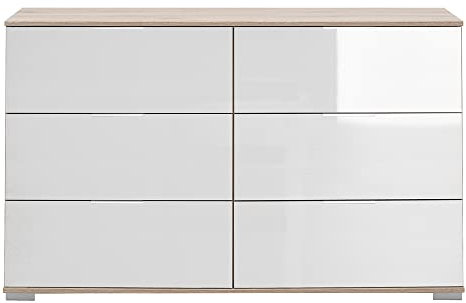 Lomadox Schlafzimmer Kommode mit 6 Schubladen in Eiche sägerau Nb. mit weißem Glas, B/H/T ca. 130/83/41 cm