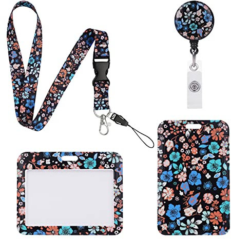 Vicloon Cordón con Portatarjeta, 2pcs Porta Tarjetas Identificativas, Cuello Cuerda para Tarjeta, con Cordones de Insignia, para Tarjeta de Identificación, Oficina(Floral)