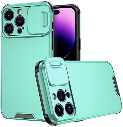 LIUKM Coque Compatible avec iPhone 14 Pro, Cache Camera Protection, Étui avec Cache Caméra Coulissante, composé d'un Dos en PC et d'un Cadre en TPU - Vert Clair