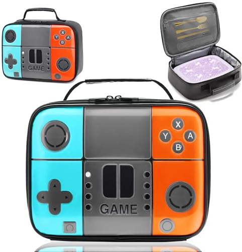 Hairao Kids Lunch Box, Boy Gamer Lunch Bag, Dourable PU Leather Insulated Lunchbox, Extra Inner Mesh Bag Fit Ice Pack for Boy Game Lunch Boxes, Perfect Size Lunchbox For School and Daycare