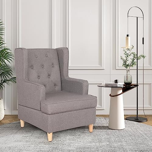 Mingone Sessel Ohrensessel Loungesessel mit Leinen Stoff Einzelsofa Holzbeinen mit Armlehnen für Wohnzimmer Schlafzimmer und Balkon