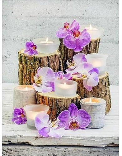 MXJSUA Vela Flores Orquídeas Moradas Diamond Painting Kits DIY 5D Completo Cristal Pintura de Diamante Set para Adultos Redondo Taladro Cuadro de Diamantes Kits para Hogar Decoración 30x40cm