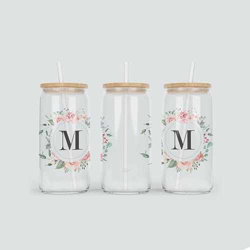 online-hut - Trinkglas - Longdrink Glas - Becher aus Glas inkl. Deckel und Strohhalm - mit Monogramm A-Z und Blumenkranz - Rosa - Geschenkidee - BNT-113 (M)