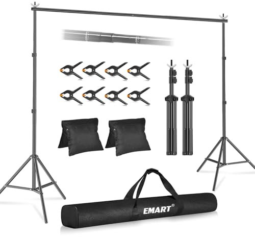 EMART Support Fond Photo, 2,6x3m de Support Toile de Fond Réglable avec 8 Pinces, 2 Sacs de Sable et Sac de Transport pour Studio Photo, Vidéo, Fête, Mariage