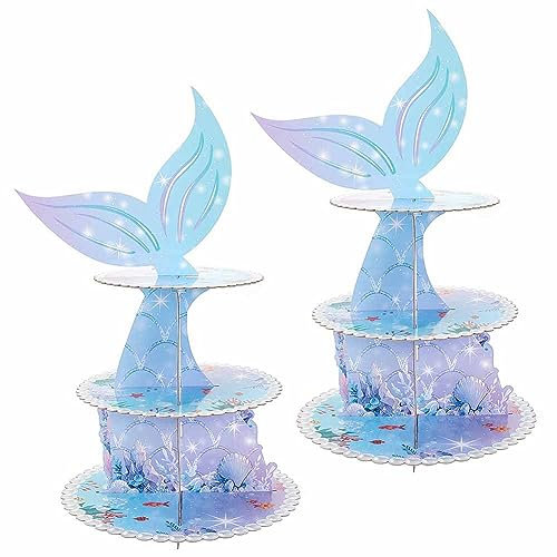 OLYCRAFT Set di 2 supporti per cupcake a forma di sirena a 3 livelli, forniture per feste, decorazioni per torte a tema mare, supporto per cupcake in cartone per compleanno, festa di nozze