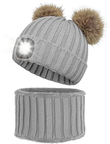 LED Mütze mit Schal, Winter Warme Beleuchtete Herren Strickmütze mit 4 LED Licht, USB Wiederaufladbare Damen Beanie mit Taschenlampe Stirnlampe Mütze für Nachtlauf, Camping, Radfahren - Grau