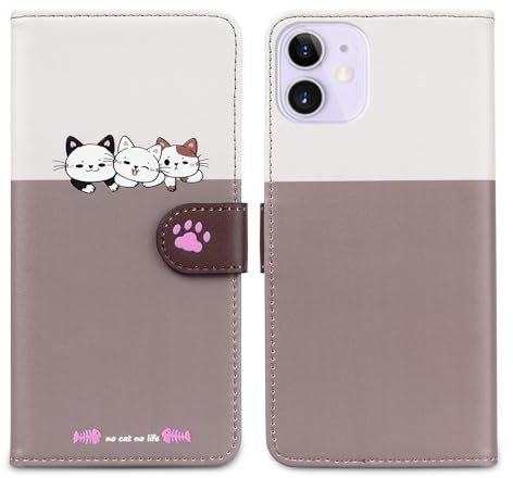 Nbziyoo Phone Case for iPhone 12 mini,Cartoon Cats/Dogs Patterns Flip Wallet Case with Card Slots, Premium Magnetic PU Leather Cover Case for iPhone 12 mini, Light Gray