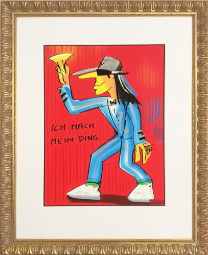 Ich mach mein Ding im modern Nostalgie Goldrahmen - Udo Lindenberg Bild - handsignierte Auflage original Grafik im silberfarbenem Rahmen hinter Museumsglas. Likörell. Siebdruck.