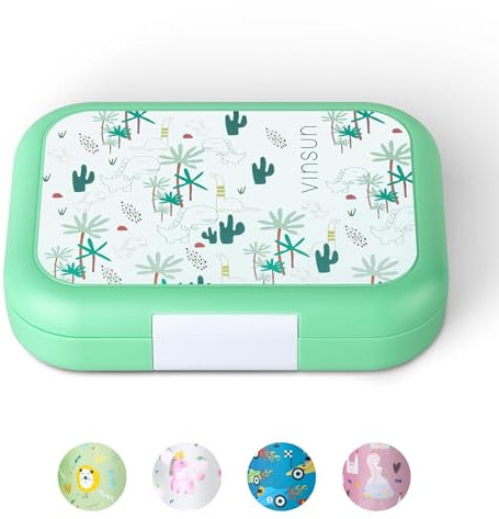 VINSUN Fiambrera Infantil con 4 Compartimentos - Sin BPA, Prueba de Fugas, Aptos para Lavavajillas y Microondas - Bento Box con Dinosaurios para Guardería, Colegio, Excursiones