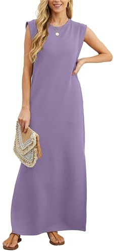 Grecerelle - Abito estivo da donna, casual, a camicia, stili eleganti, abiti da donna basic senza maniche, maxi abiti per donne UK con spacco e tasche, Lilla, L