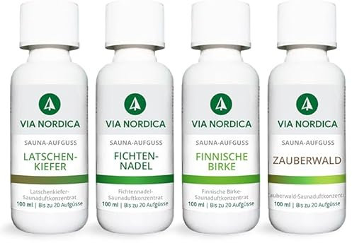 VIA NORDICA Saunaaufguss Set [AtemFrei-Komplex Formel] Saunadüfte & ätherische Öle - Tolles Saunaaufguss Probierset, Saunaöl Saunaduft Sauna-Zubehör Wellness Aufguss Duftöl - Set Wald