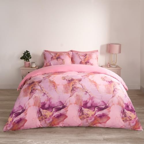 OHS Bedding Double Bed Set, Reversible Marble Bedding Double Quilt Covers Super Soft Luxury Decorative Double Duvet Set with Pillowcases, Pink & White