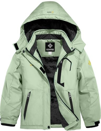 GEMYSE Veste de Ski pour Fille Enfant Manteau Hiver Chaud Imperméable Coupe-Vent avec Capuche et Doublure Polaire pour Neige et Montagne(Vert Aqua,152-158)