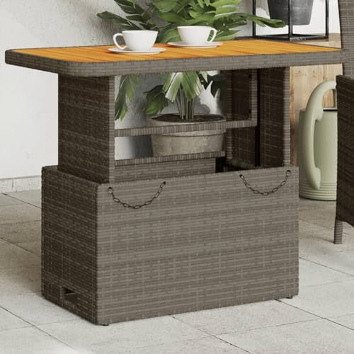 Festnight Polyrattan Gartentisch 90x55x71 cm mit Akazienholz -Tischplatte Gartentisch Höhenverstellbar Rattan Couchtisch Terrassentisch Grau und Braun Outdoor Esstisch Balkontisch Rattantisch