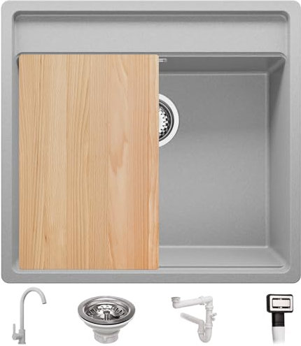 Fregadero bajo Encimera Gris 56x53cm, Granito 1 Seno + Sifón + Grifo + Tabla de cortar, Al mueble 60cm - Bergen Low Cut de Primagran