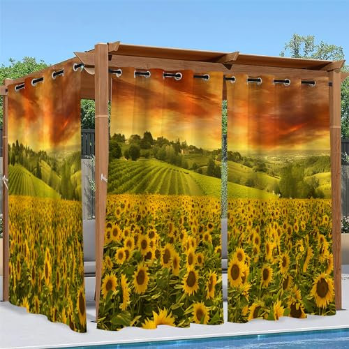 2er Set Outdoor Vorhang Wetterfest B 132 x H 240 cm Gelb Outdoor Vorhänge Wasserdicht mit Ösen Sonnenblume Sichtschutz Outdoor Gardinen für Draussen Terrasse Balkon Pavillon Garten Pergola, F227