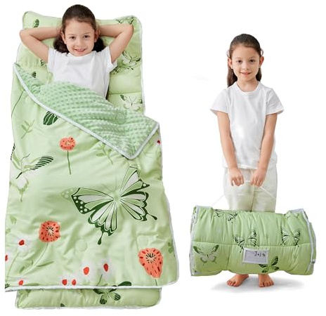 Toddler Nap Mat with Pillow and Blanket, Extra Large Rolled Napping Mats,Slumber Bags for Boys Girls,Kids Sleeping Bag for Daycare, Preschool Travel Camping, Green Butterfly