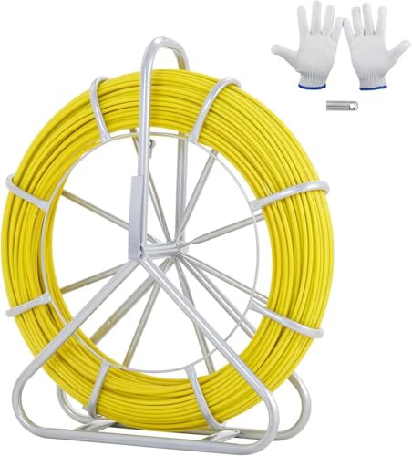 Fish Tape Fiberglass, 425 ft, 6mm, Cable Running Rod, Duct Rodder Fishtape Wire Puller with Steel Reel Stand, 3 Pulling Heads, Fishing Tools for Walls and Electrical Conduit, Non-Conductive