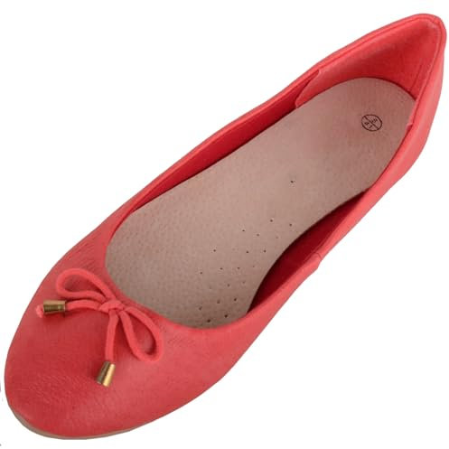 Womens Slip On Genuine Leather Formal Casual Pumps Ballerina Style Shoes - Red - UK 4