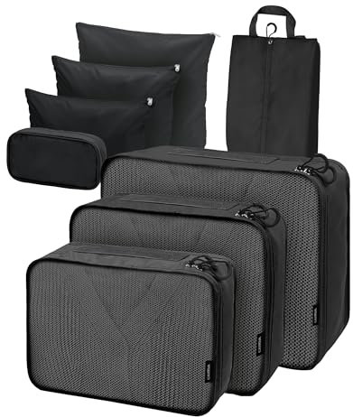 Carttiya Packing Cubes Für Reisen, 8-Teilige Koffer Organizer Travel Essentials, Wasserdicht Ultraleichter und langlebiger PackwüRfel Koffer Organizer Mit Schuhtasche, Kosmetiktasche (Schwarz)
