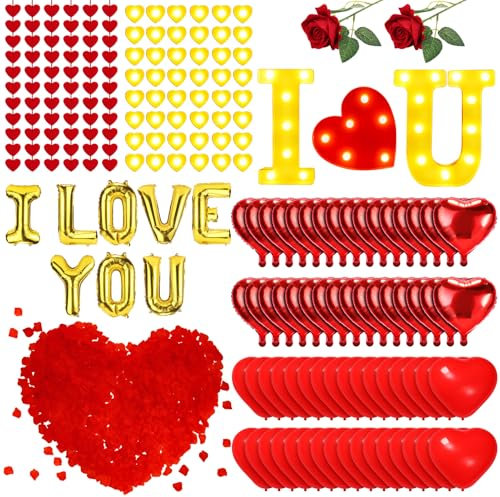 MUDEREK Happy Anniversary Valentines Day Decorations, Romantic Special Night Decor for Room & Bedroom, Rose Petals, Candles, I Love You Signs, Balloons, Felt Heart Strings, Foil Balloons