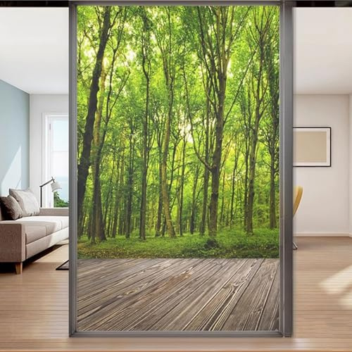 Eiauiuo Wald 3D Fensterfolie Window Film Blickdicht Privatsphärefolie Fenster Dekorfolie Statisch Haftend Selbstklebende Glasaufkleber UV-Schutzfolie Ohne Klebstoff Abnehmbarer für Zuhause Büro Balkon