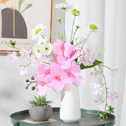 Veryhome Artificial Flowers in Vase, Faux Flowers with Vase Fake Orchid Bouquet for Table Centerpiece Decorations Wedding, Party Office Bathroom Dining Kitchen Home Decor(Pink)
