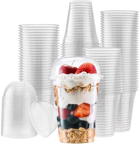 CaterCo Smoothie Cups with Dome Lids (100 Pack - 10oz / 290ml) - Plastic Smoothie Cups, Reusable/Disposable, Recyclable Clear Cups for Takeaway, Milkshake, Slushie, Iced Drinks - (10oz - 100 Pack)