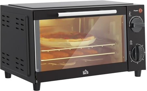 HOMCOM Mini Backofen 9 L 750W 100-230℃ 60 Min. Timer inkl. Backblech, Grillrost, Glas Fenster, Platzsparend Minibackofen Pizza-Ofen, Schwarz