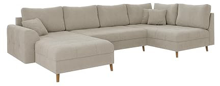 S-Style Möbel Ecksofa Eckcouch Sofa Couch Wohnlandschaft 6 Sitzer U Form Kratzfest Massivholzfüße Braun Freistehend Boucle Stoff Links Erik Beige