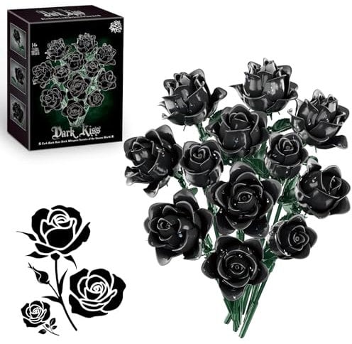 Black Roses Bouquet Building Set, Artificial Flowers Botanical Collection Blocks Kit DIY Fake Roses for Adults Women Mother's Day Girlfriend Gifts - Gothic Home Decor