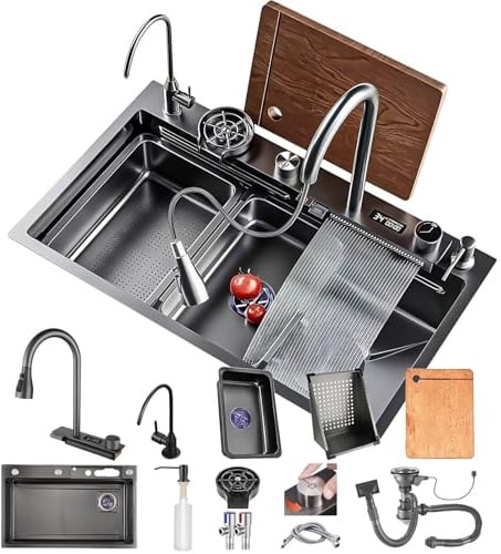 DSMRLEOP Edelstahl Wasserfall Waschbecken 1 Becken Küchenspüle Wasserfall Pull-Down Spülbecken Waschbecken Mit Mit Ablaufkorb, Ablaufbecken, Schneidebrett, Ablaufkomponente Set(Black#02A,75x45cm)