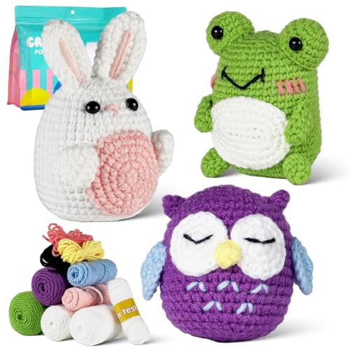 JasCherry Häkelset, Komplettes Häkelset für Anfänger und Erwachsene, DIY Häkelgeschenk mit Schritt für Schritt Anleitung, Weiches Garn, Strickarbeiten – Frosch, Eule, Kaninchen