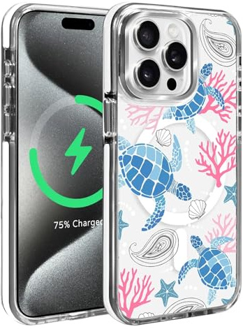 artslion Magnetisch Hülle für iPhone 15 Pro 6,1 Zoll Kompatibel mit MagSafe, Handyhülle Rückseite Stoßfest Schutzhülle-Meeresschildkröte Muster