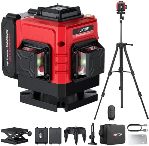 XUNTOP Niveau Laser Vert 12 Lignes Auto-Nivelant - Télécommande 5m, Rechargeable USB Type-C, Haute Précision ±1mm/5m - Avec Trépied, Support Magnétique, IP54 Professionnel Chantier Bricolage Carrelage