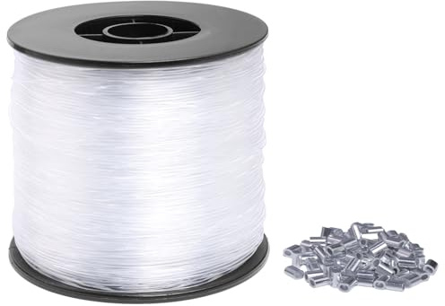 Vefhby 0,8mm Nylonfaden Transparent Reißfest, 200m Durchsichtige Schnur | Universelle Nylonschnur Angelschnur, Durchsichtiger Faden zum Aufhängen für DIY Bastelarbeiten Angel, mit 100 Crimphülsen
