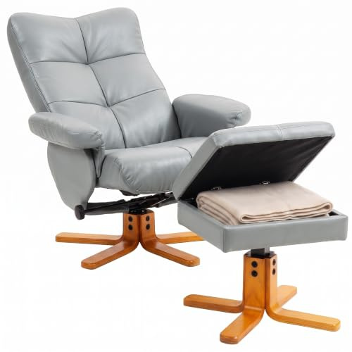 HOMCOM PU Leather Swivel Recliner Chair with Footstool Storage Light Grey | Wooden Base, Living Room