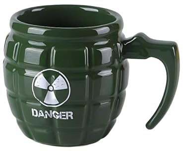 hsyomgcs Military Grenade Shaped Ceramic Coffee Mug, Black with Red Design, 8.8x10x14cm, Novelty Handle Cup (Green)