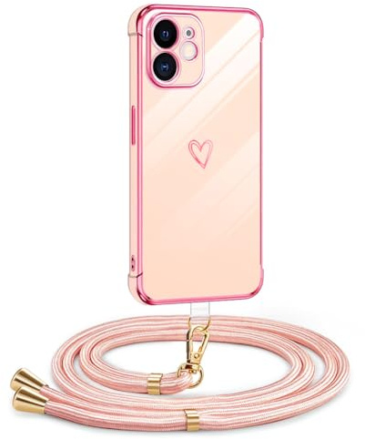 Mkej Coque pour iPhone 11 avec Cordon, Coque avec Collier Motif Coeur d'amour Silicone Galvanisé Housse, Réglable Amovible de Cordon Case pour iPhone 11, Rose