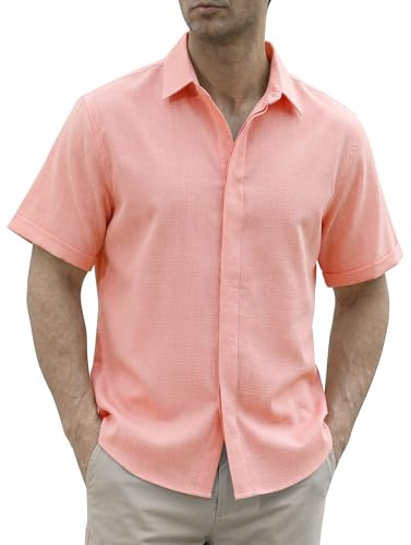 Gavliuu Chemises en Lin pour Homme à Boutons Cachés, Chemise Manches Courtes d'Été Décontractée pour Plage