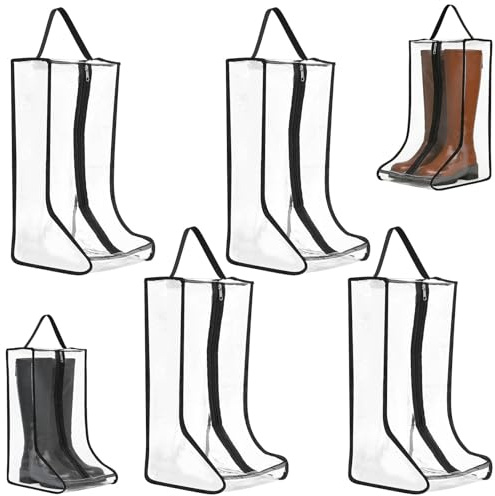 4 Pcs Boot Storage Bags Waterproof PVC Tall & Short Boot Organiser Bags with Zipper Dustproof Shoe Protector for Travel & Home Storage Clear Visibility Black Trim(Long Boots)