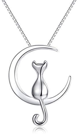 Epoch World Halskette Damen Silber 925, Mond Halskette Katze Silber, Mond Kette Damen Silber 925 mit Anhänger, Katze Kette Silber Anhänger 40+5CM