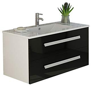Jet-Line® | Badset Rapperswil | Badmöbel Set| Waschtisch | schwarz | Hochglanz | Unterschrank | Badmöbelset | Keramit Waschbecken / 90 cm Breit| Bad Möbel | Soft Close