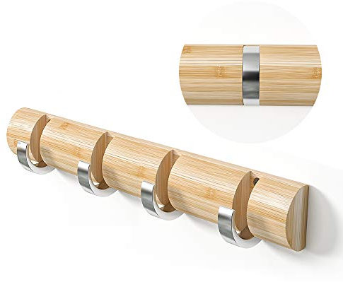 WODENY Bamboo Wall Mounted Coat Rack, Towel Hook Hanger Space Saving Modern Sleek with Retractable & Flipped Smooth Kirsite Hooks for Hanging Towels Keys Hats Heavy Duty Shower Wall(Natural, 4 Hooks)