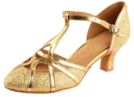 Damen Standard Latein Funkeln Tanzschuhe Frauen Ballsaal Salsa Tango Tanzen Schuhe Hochzeit Abendschuhe Knöchelriemen, Celucke Klassische Pumps Elegante Brautschuhe (Gold, EU39)