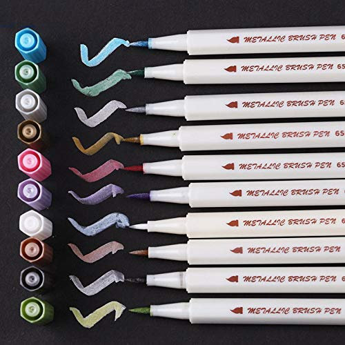 Metallic Stifte Set Pinselspitze Fineliner, 10 Metallische Farben Color Marker Brush Pens Fotoalbum Hochzeit Steine Schwarze Seiten Keramik Holz Leinwand Acrylfarben Handlettering Pinselstift